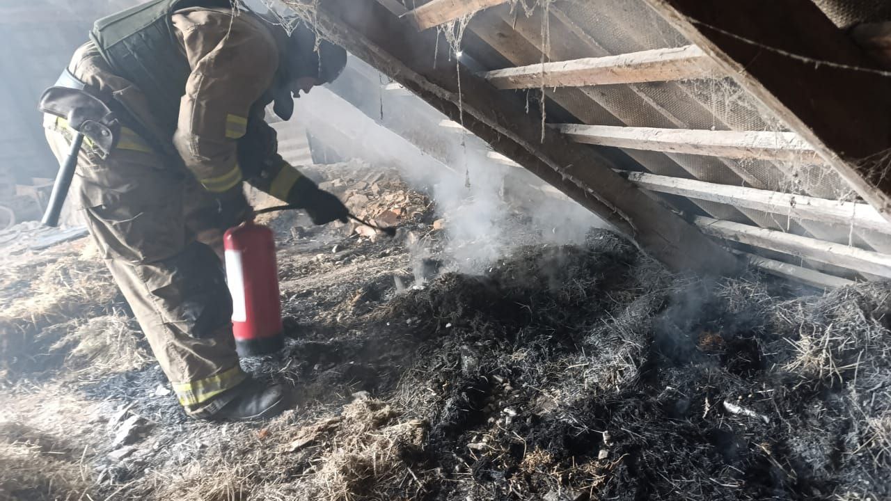 Рятувальник приборкує пожежу на даху 